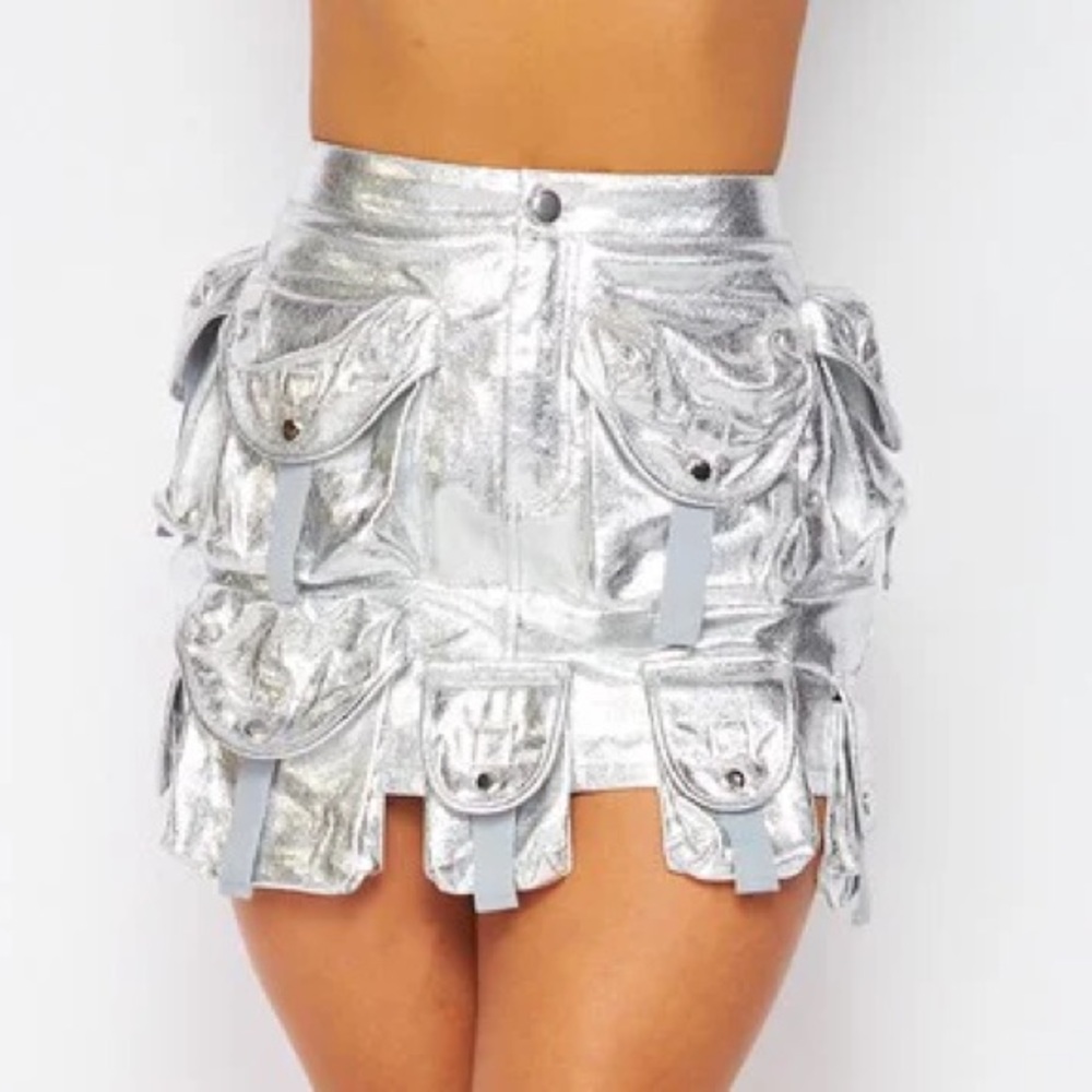Silver Faux Leather Metallic Mini Skirt with Pockets